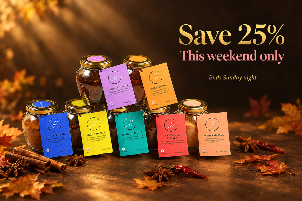 Save 25% autumn offer banner with Monalisa's Kitchen masala jars